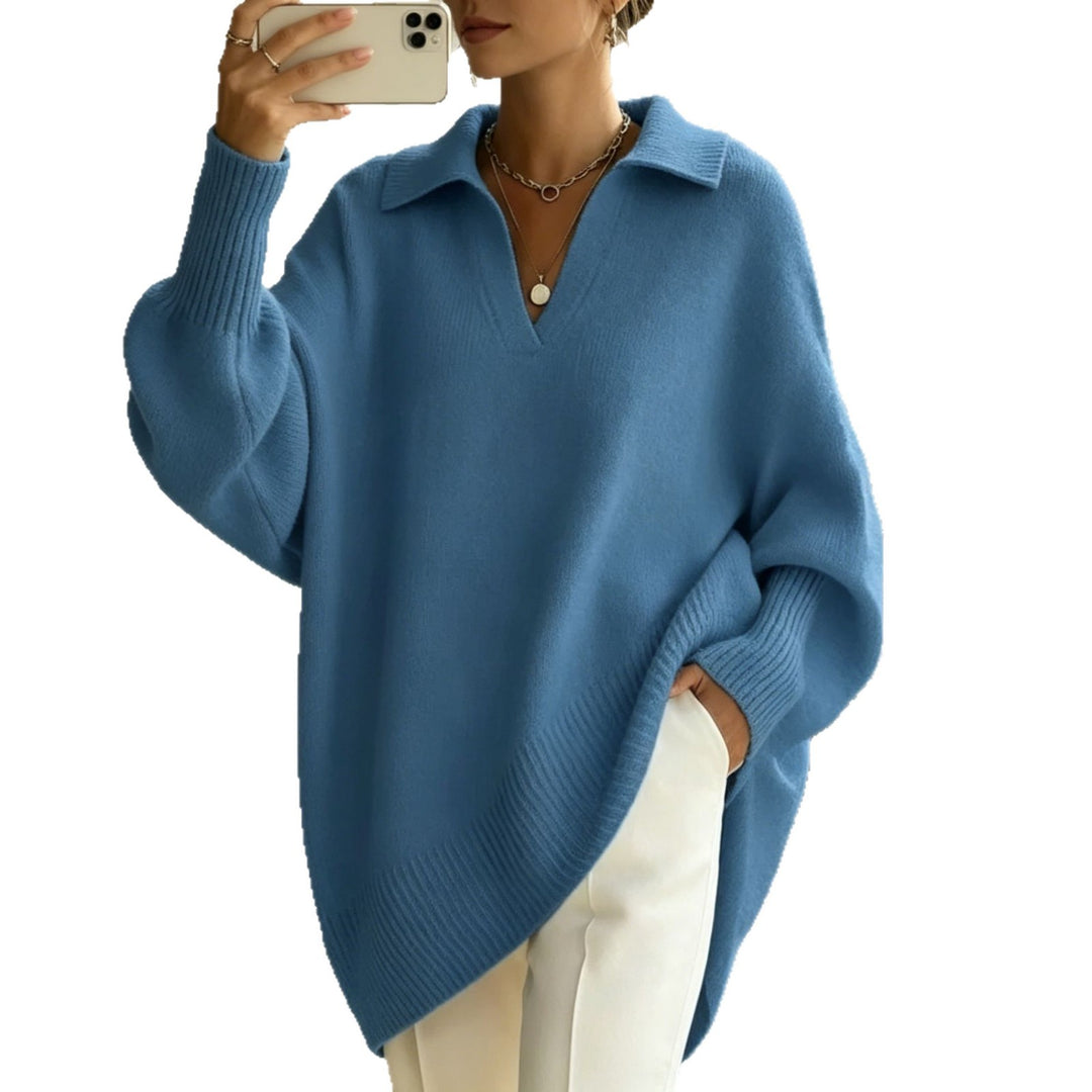 Women Oversize Polo Collar V-Neck Knitted Sweater with Balloon Sleeves Mune Fashion