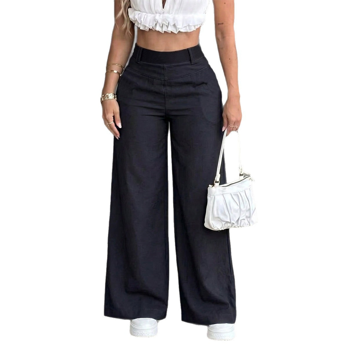 Women's high-waisted wide-leg pants with elastic waistband and side pockets Mune Fashion