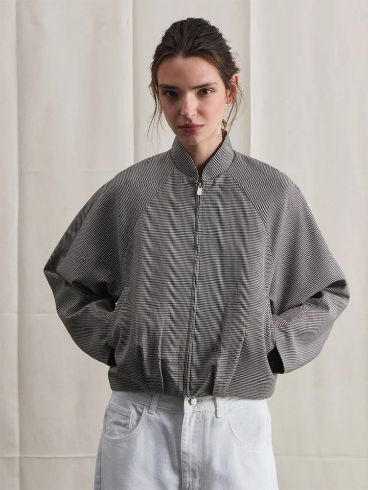 Women's short bomber jacket with raglan sleeves, stand-up collar, and fine houndstooth pattern Mune Fashion