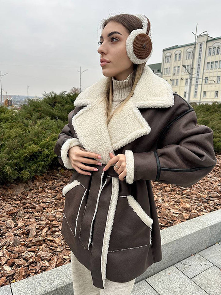Women Oversized Sheepskin Imitation Coat with Contrasting Shawl Collar and Tied Belt Mune Fashion