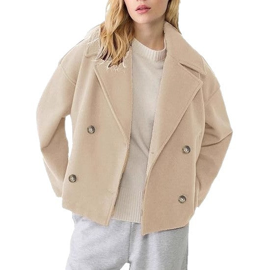 Women’s short cut double-breasted wool blend peacoat with wide lapels and boxy silhouette Mune Fashion