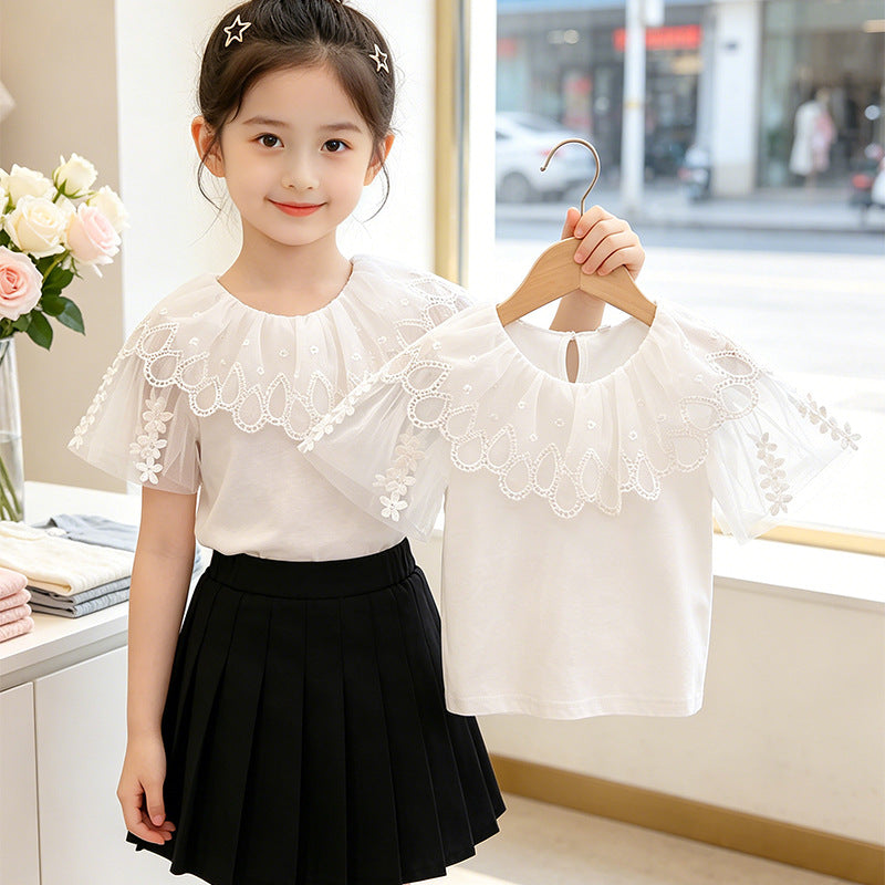 Girls T-Shirt with elegant tulle collar and floral detail Mune Fashion