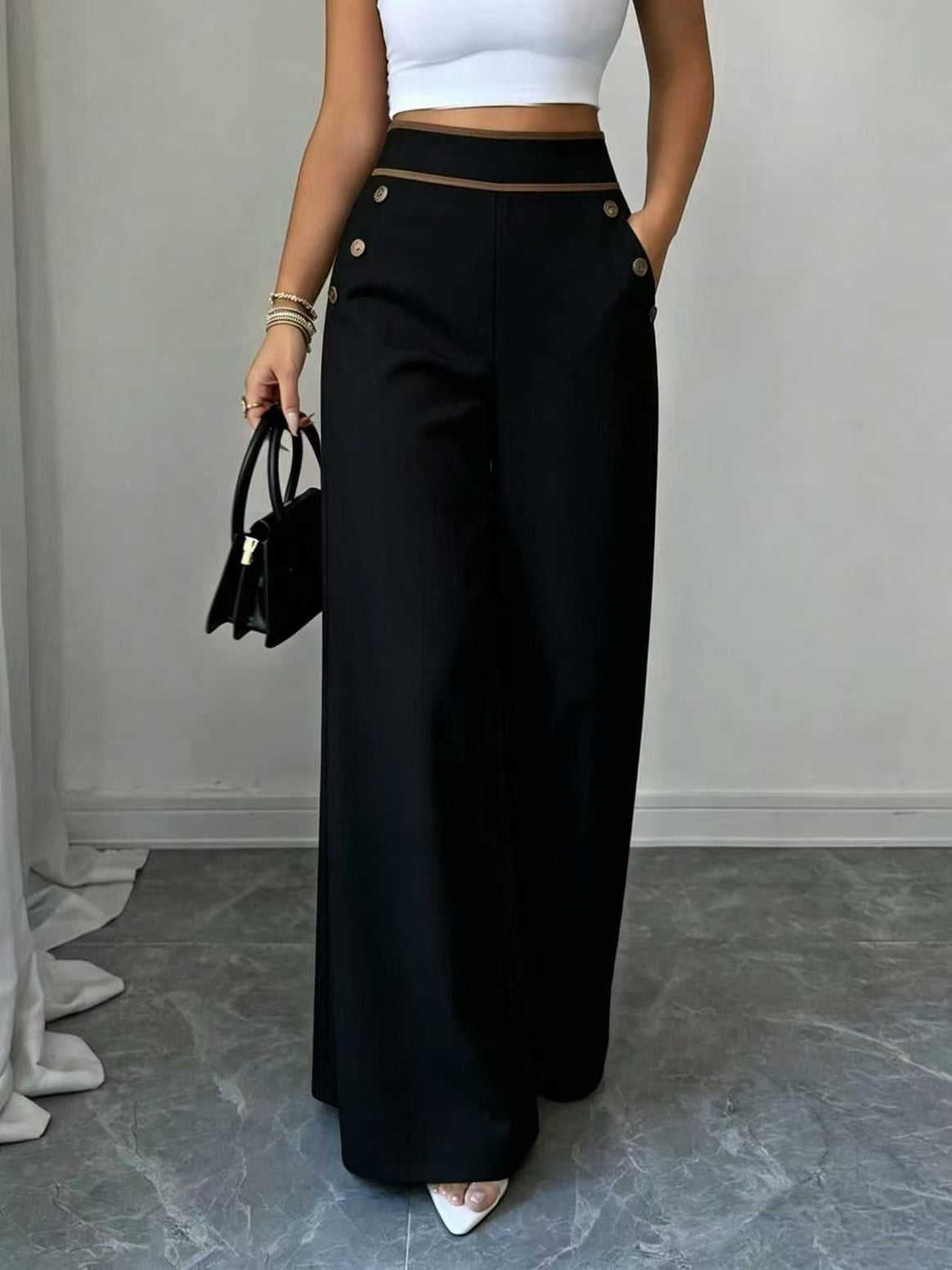 Women's High-Waisted Palazzo Pants with Decorative Buttons and Wide Legs Mune Fashion