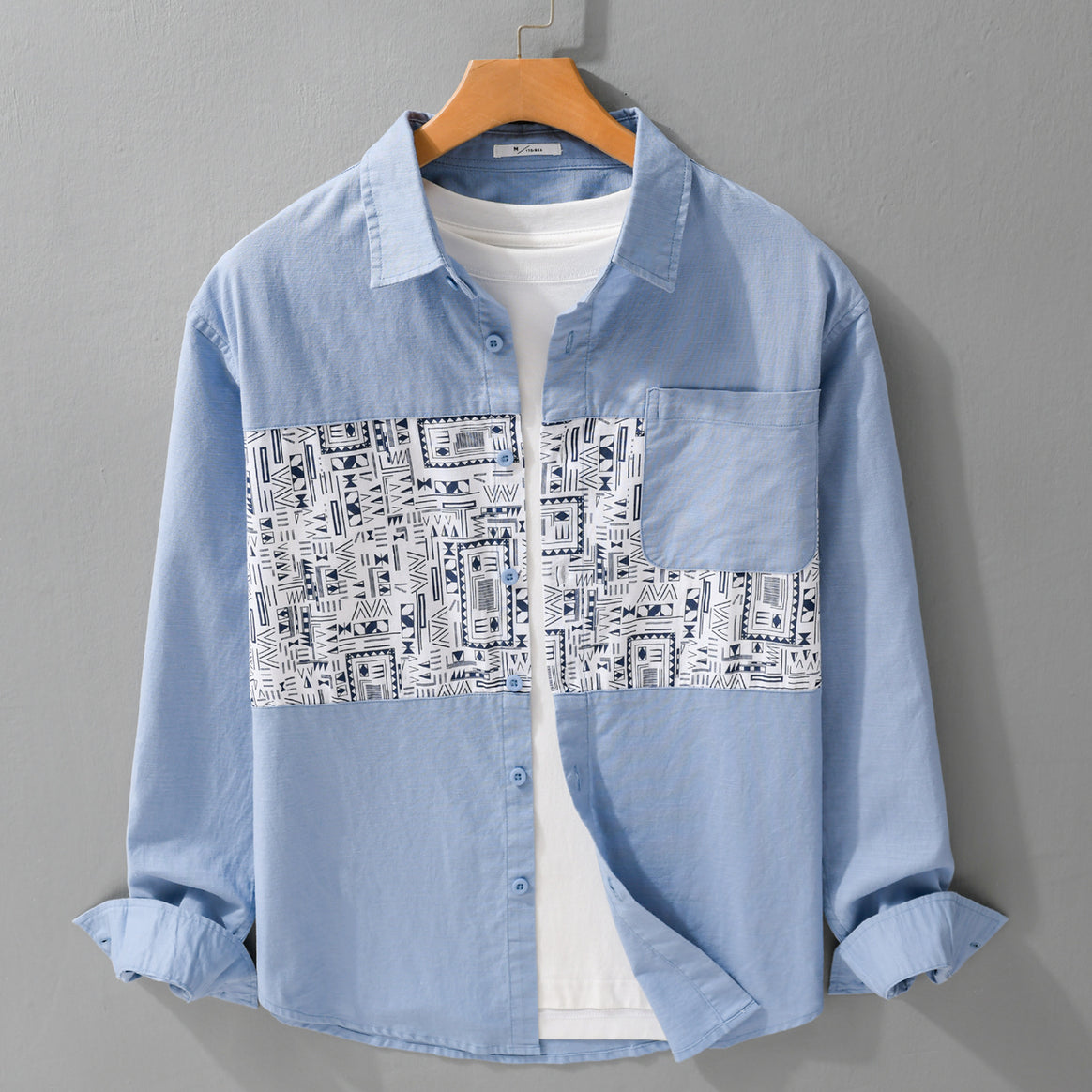 Men's Long Sleeve Shirt with Graphic Chest Panel and Patch Chest Pocket Mune Fashion
