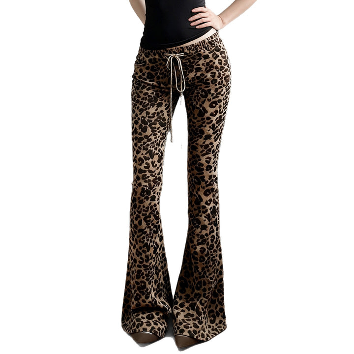 Women's Leopard Print Flared Pants with Drawstring and Comfort Waist Mune Fashion