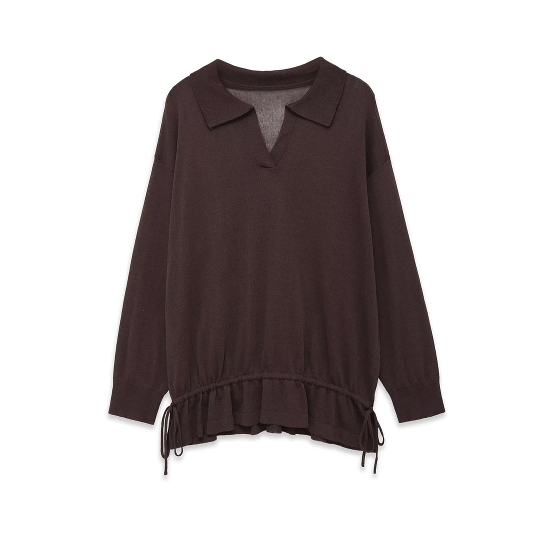 Women’s Oversize Sweater with Polo Collar, V-Neck and Drawstring Mune Fashion