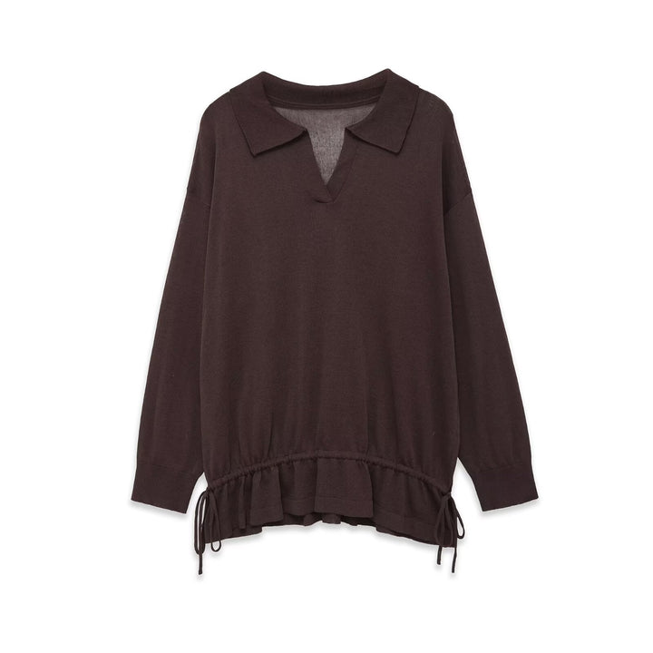 Women’s Oversize Sweater with Polo Collar, V-Neck and Drawstring Mune Fashion