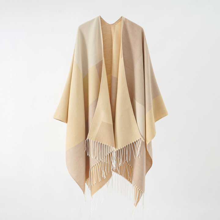 Women's Large Wool Look Poncho with Geometric Block Pattern and Fringe Hem Mune Fashion