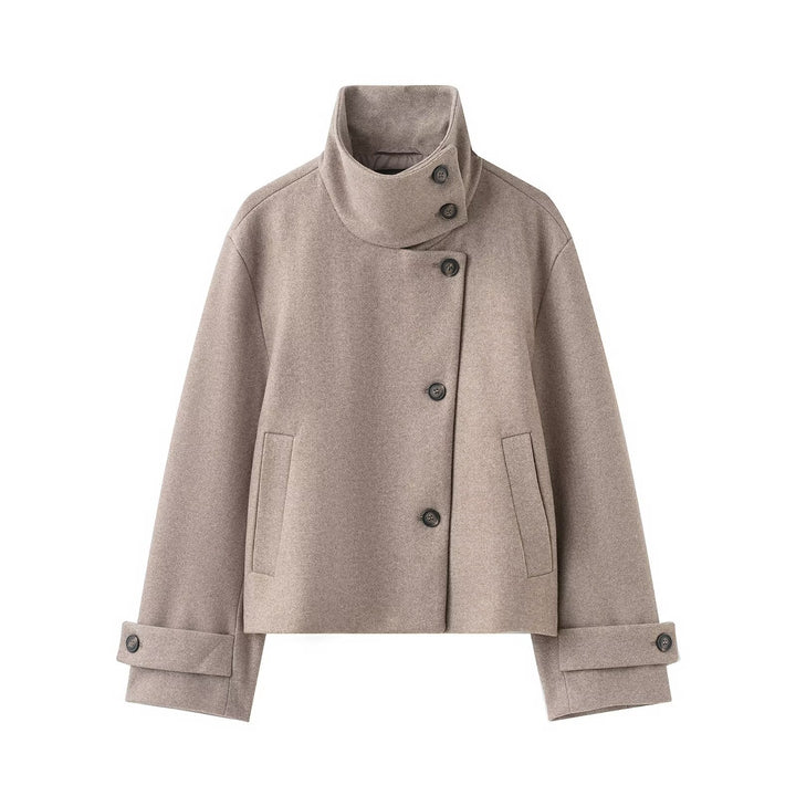 Women's Short Boxy Wool Coat with Asymmetrical Button Placket and Stand-up Collar Mune Fashion