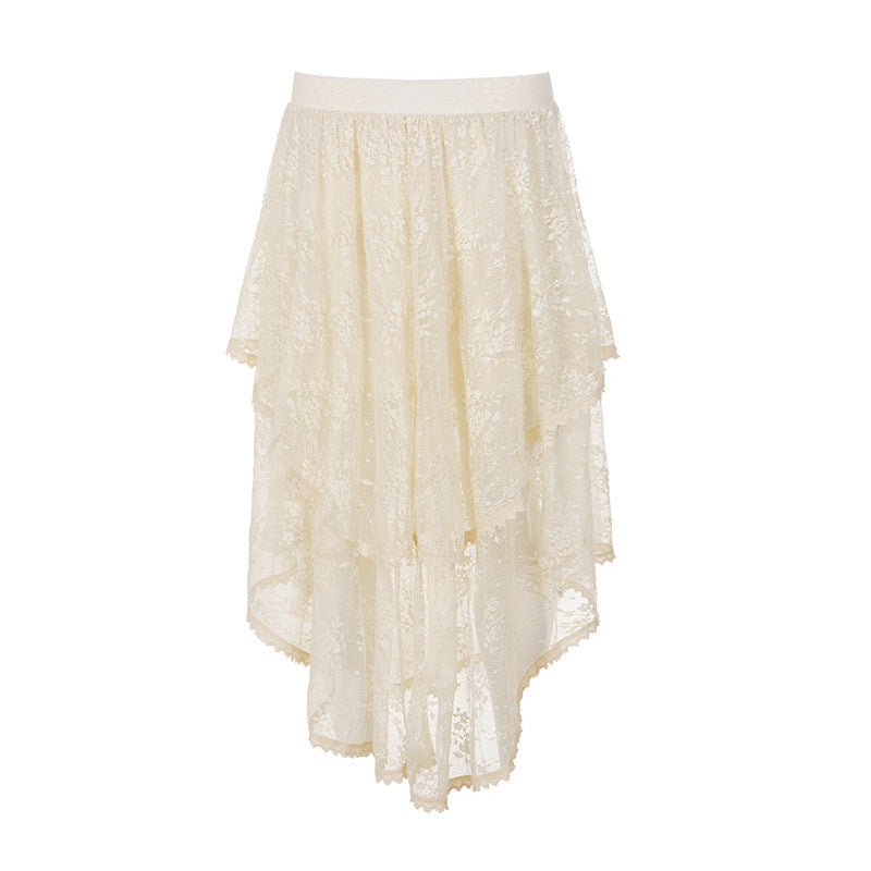 Women Multi-layered Lace Midi Skirt with Asymmetrical Hem and Elastic Waistband Mune Fashion