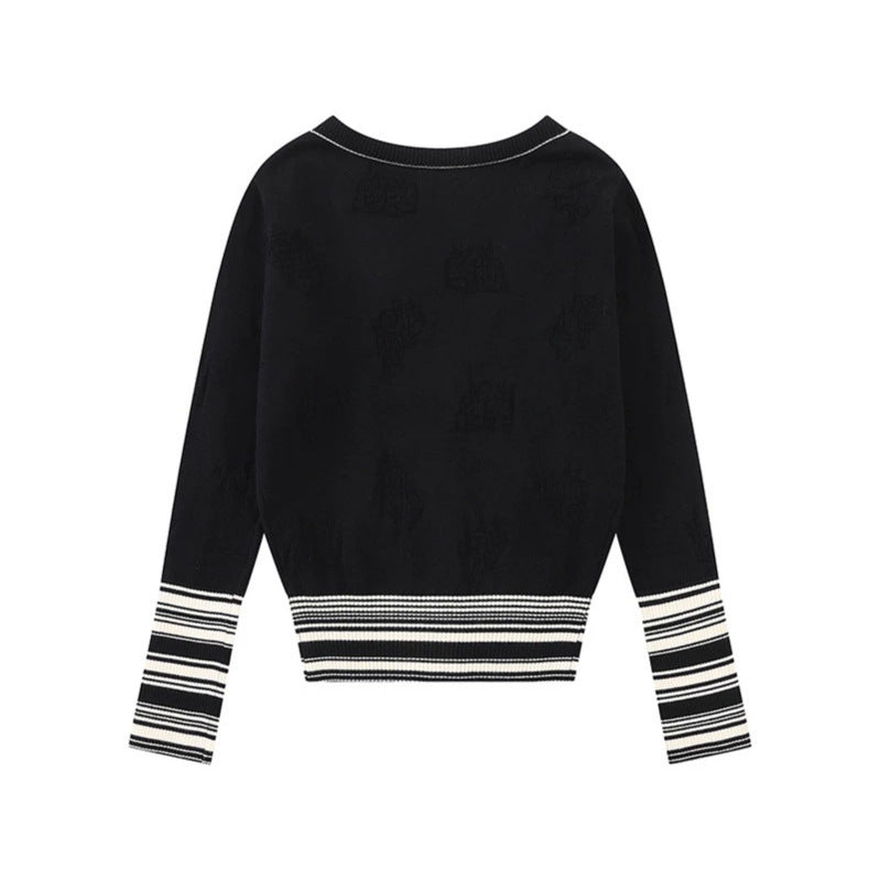 Ladies cardigan with V-neck, fine jacquard pattern and contrasting cuffs Mune Fashion