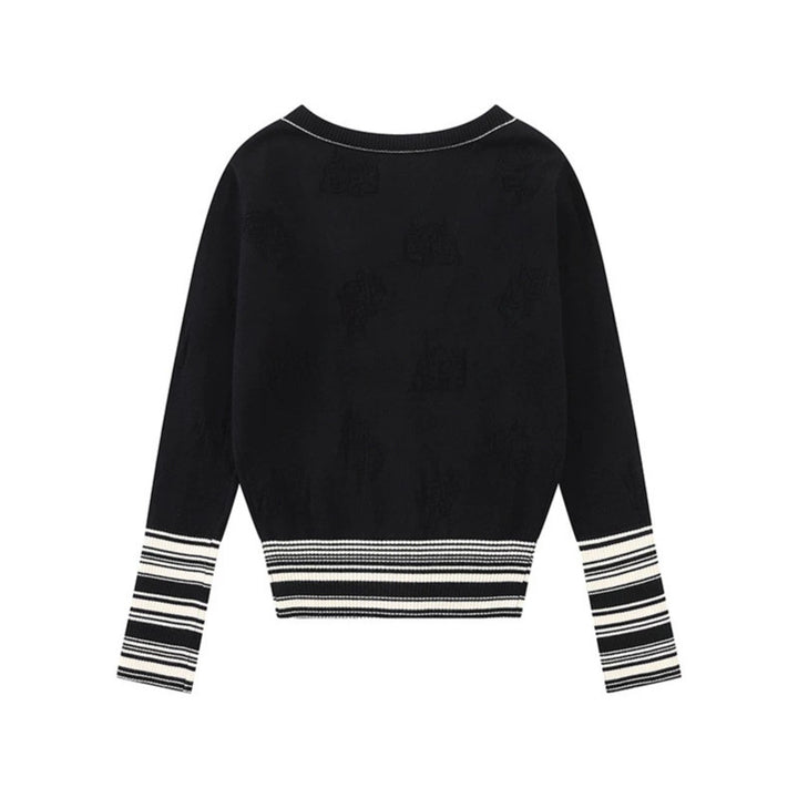 Ladies cardigan with V-neck, fine jacquard pattern and contrasting cuffs Mune Fashion