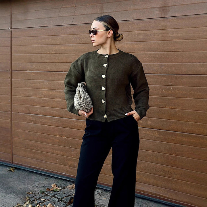 Women's Short Cardigan with Heart Buttons, Textured Fine Knit Look & Ribbed Hem Mune Fashion