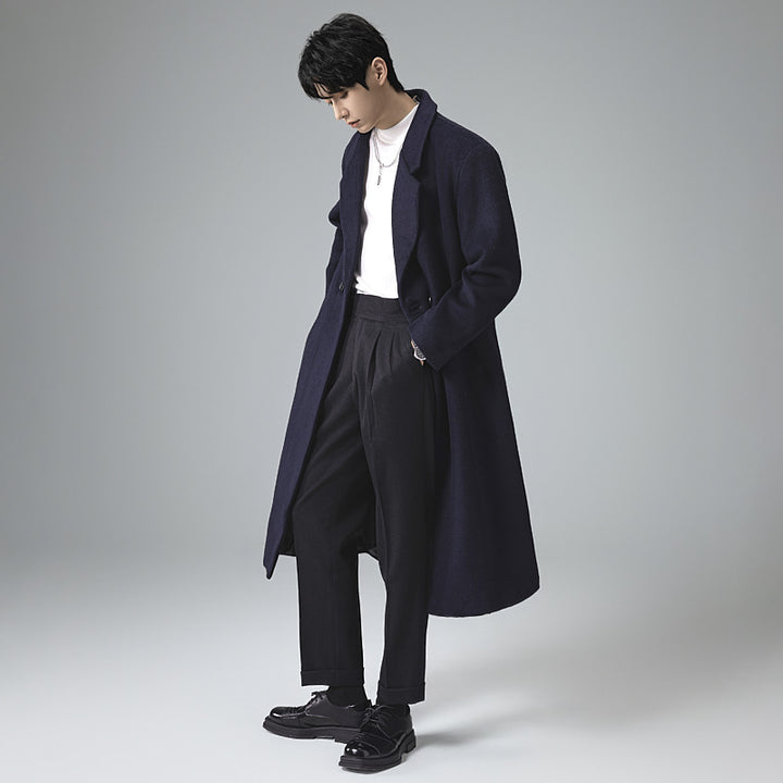 Men's Elegant Long Wool Blend Coat with Downfall Shawl Collar and Clean Single Breasted Mune Fashion