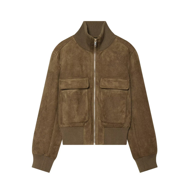 Women's short jacket made of suede leather with high ribbed collar and applied flap pockets.