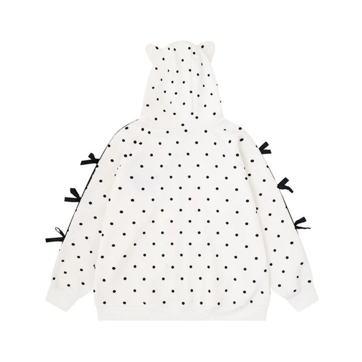 Women's hooded sweatshirt jacket with polka dot all-over, cat patch, bow sleeves and ear hood Mune Fashion