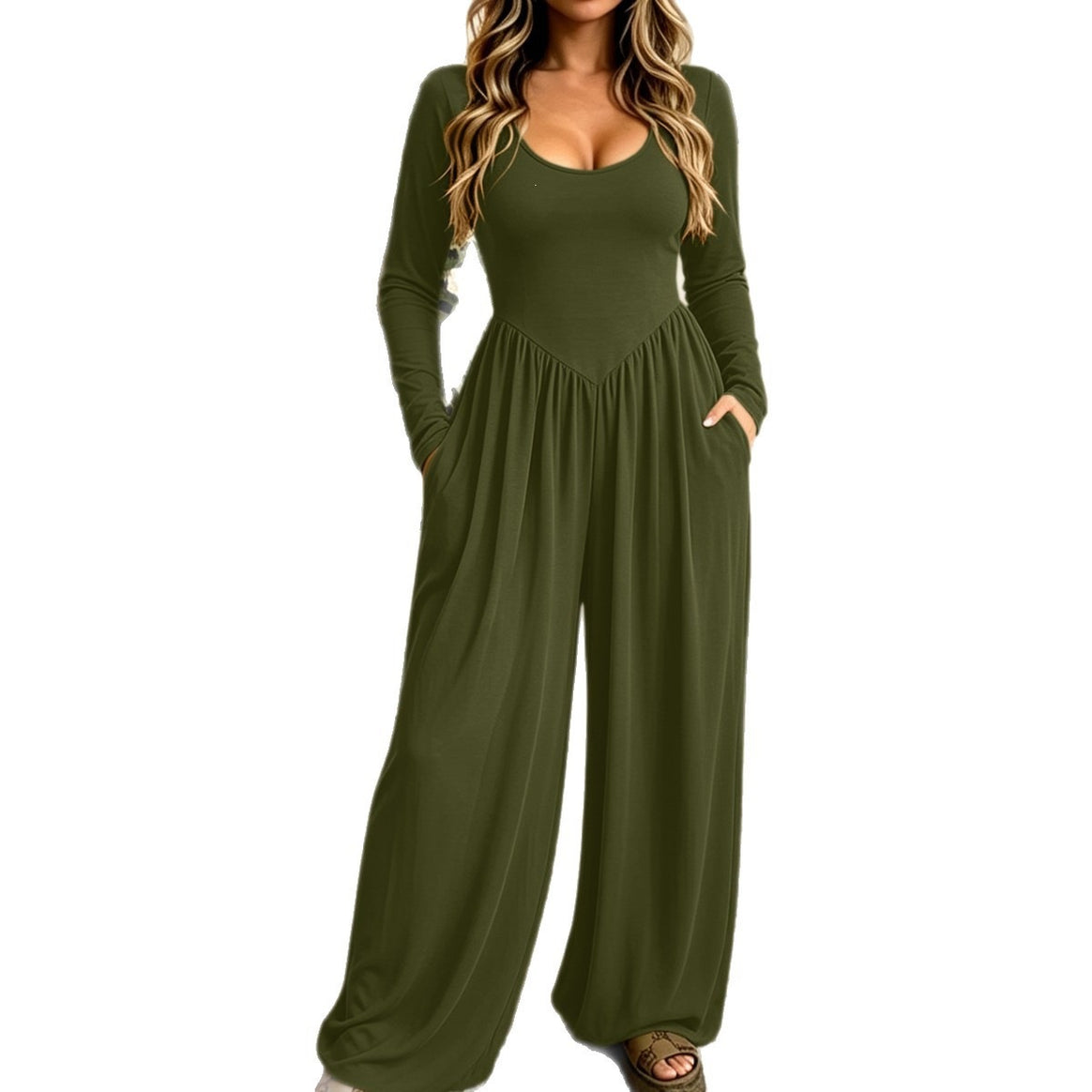 Ladies Long Jumpsuit with Wide Leg, Deep Round Neck and Side Pockets Mune Fashion