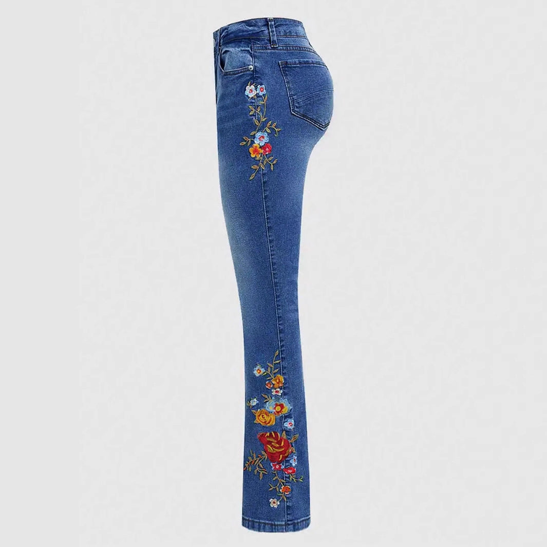 Women's Bootcut Jeans with Side Floral Embroidery and Comfortable Stretch Waistband Mune Fashion