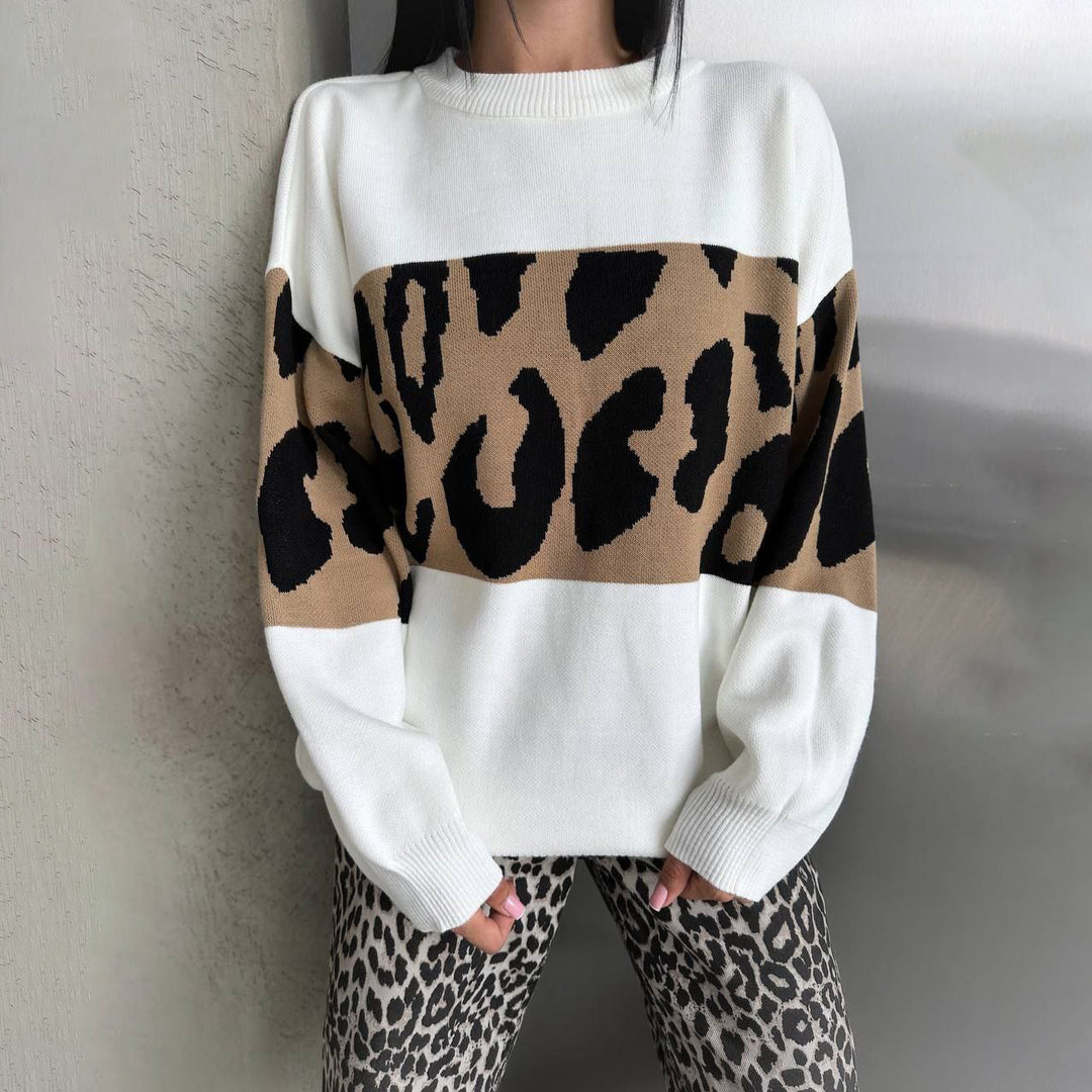 Women's Oversized Knit Sweater with Leopard Stripes, Dropped Shoulder and Ribbed Hem