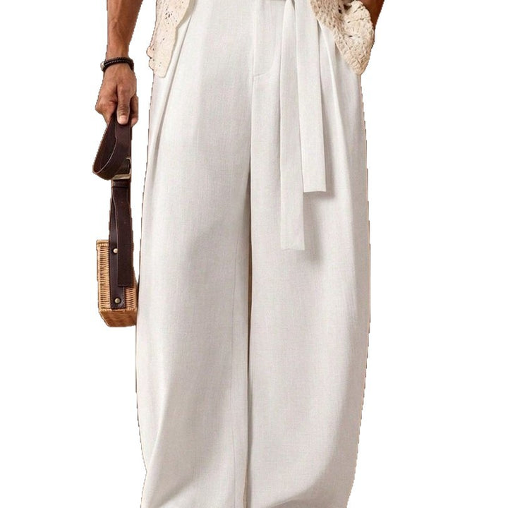 Men's loosely cut linen trousers with high waist and tie belt Mune Fashion