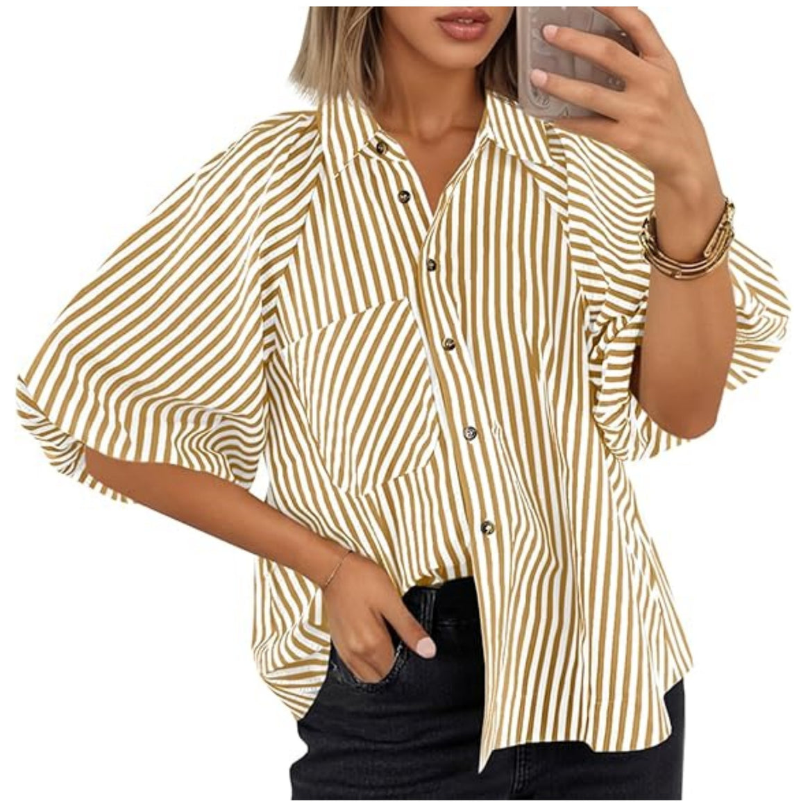Women's Oversize Shirt Blouse with Balloon Sleeves and Vertical Stripe Pattern Mune Fashion