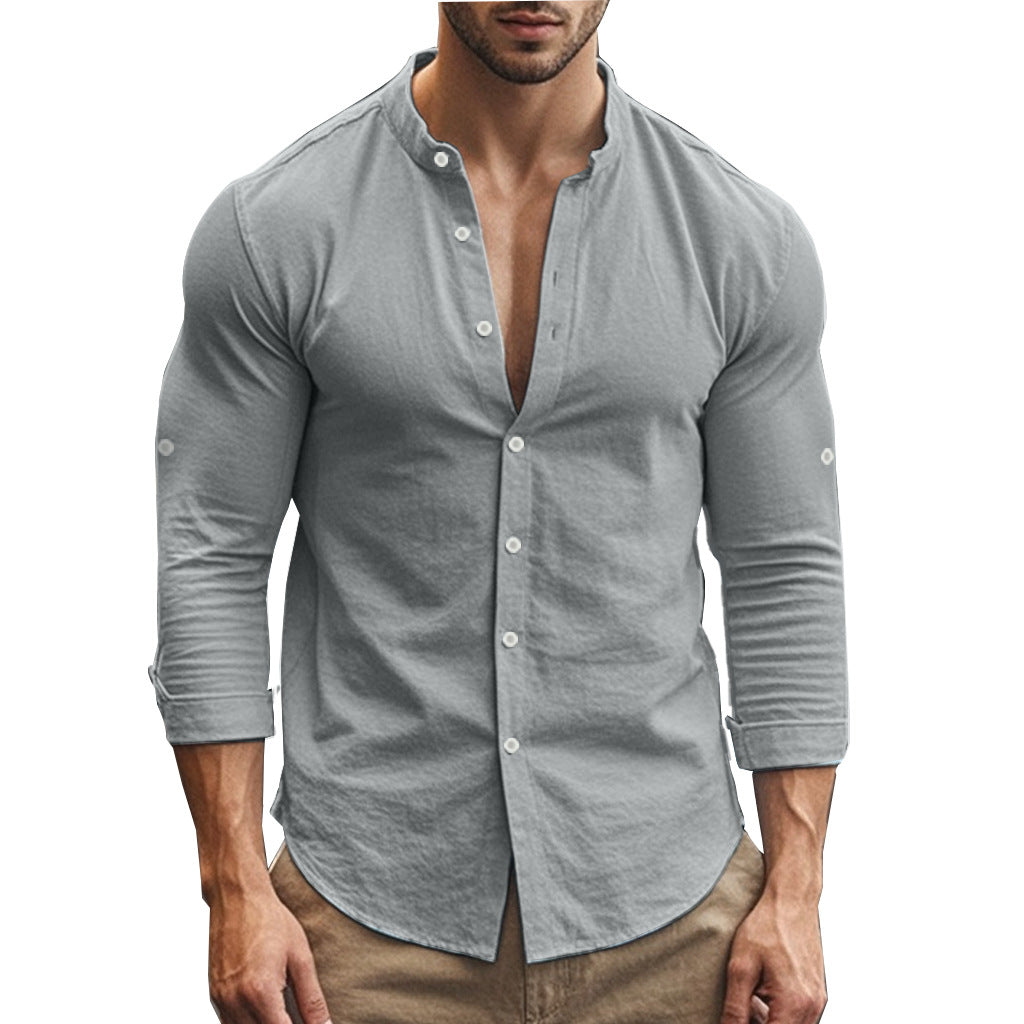 Men's casual linen shirt with standing collar, full button placket and roll-up sleeves Mune Fashion