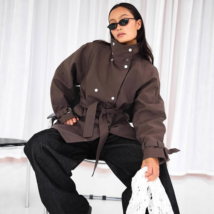 Women's Tailorable Oversized Short Trench Coat with High Stand Collar, Snap Button Front and Belt Mune Fashion