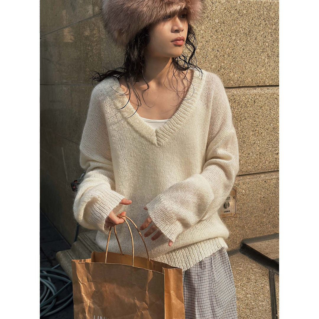 Women Oversize Mohair-Mix V-Neck Pullover with Extra Wide Sleeve Mune Fashion