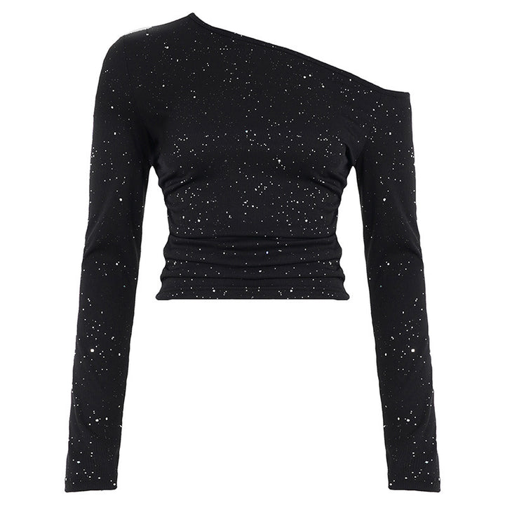 Women's One-Shoulder Cropped Top with Ribbed Texture and Glitter Trim Mune Fashion