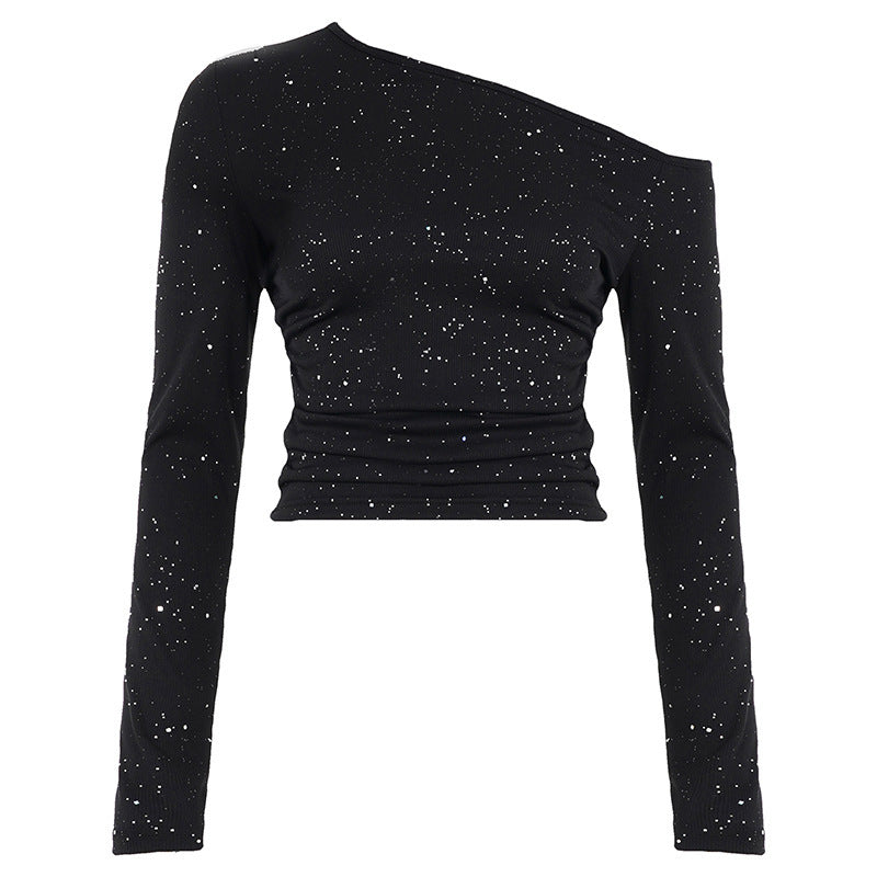 Women's One-Shoulder Cropped Top with Ribbed Texture and Glitter Trim Mune Fashion