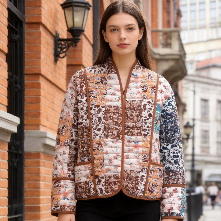 Women's Quilted Patchwork Quilted Jacket with Stand-Up Collar and Contrast Piping Mune Fashion