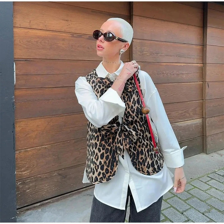 Women Sleeveless Leopard Print Vest with Ties and Textured Surface Mune Fashion
