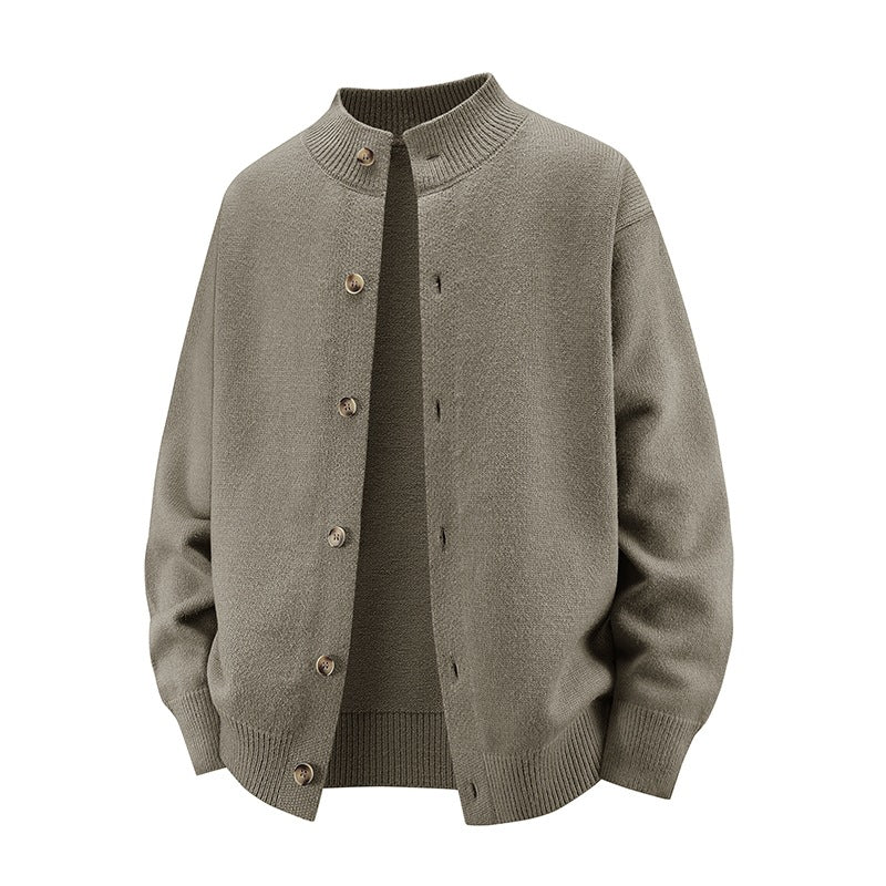 Men's chunky knit cardigan with stand-up collar, full button placket & ribbed hem Mune Fashion