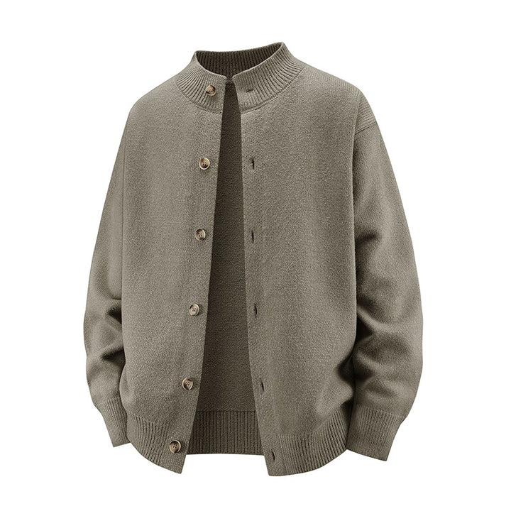 Men's chunky knit cardigan with stand-up collar, full button placket & ribbed hem Mune Fashion