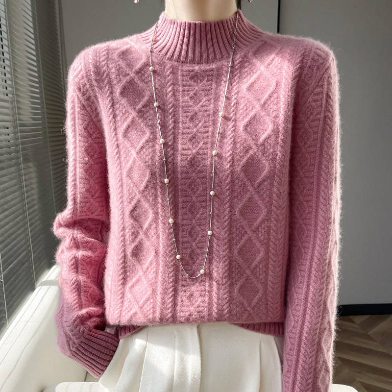 Women Cozy Mohair-Optic Mock Neck Sweater with Diamond Cable Structure and Boxy Silhouette Mune Fashion