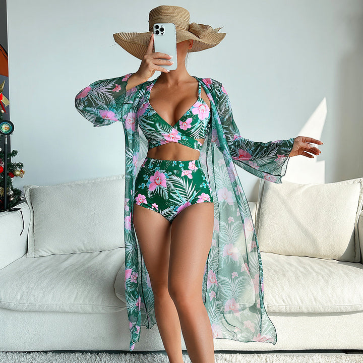 Women's bikini set with floral pattern and transparent wrap jacket Mune Fashion