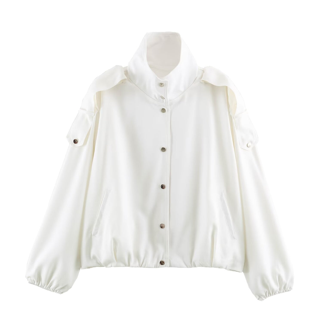 Women's Oversize Blouson Jacket with Funnel Collar, Concealed Snap Buttons, and Sleeve Patches Mune Fashion