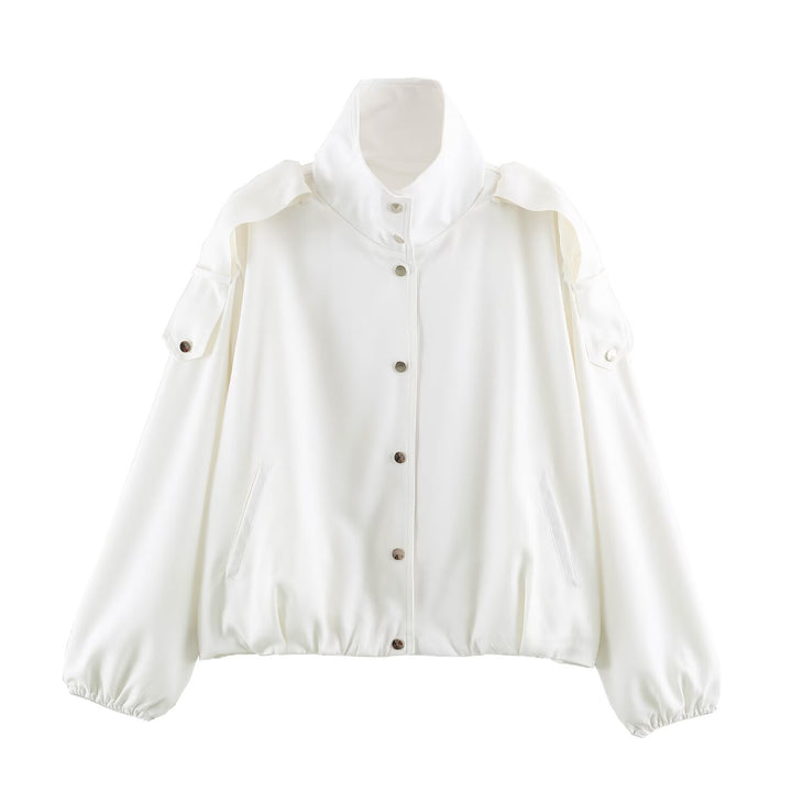 Women's Oversize Blouson Jacket with Funnel Collar, Concealed Snap Buttons, and Sleeve Patches Mune Fashion