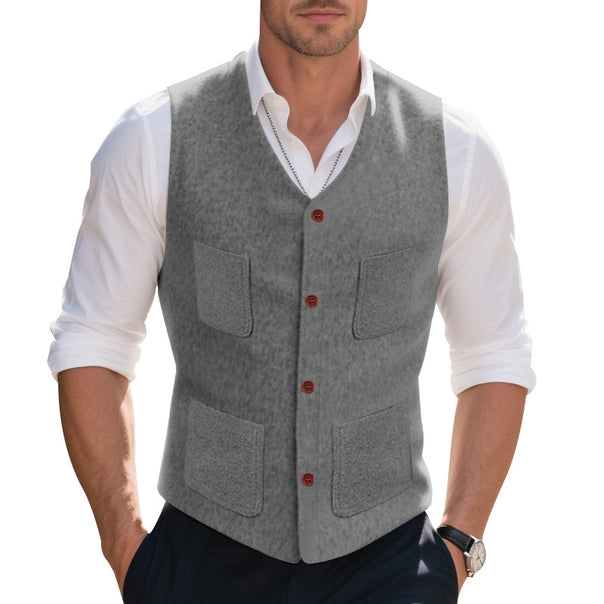 Men's wool blend vest with V-neck, patch pockets, and mesh lining Mune Fashion