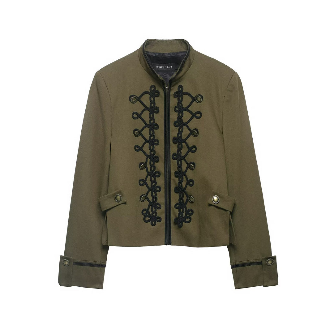 Women's Cropped Military Jacket with Standing Collar and Decorative Cord Application Mune Fashion
