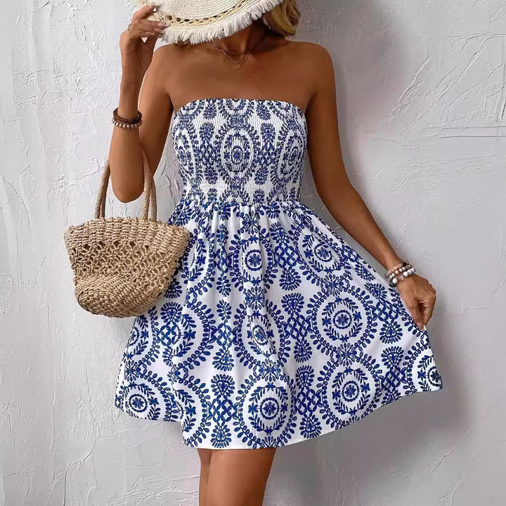Women off-shoulder summer dress with smocked bodice and flared circle skirt Mune Fashion