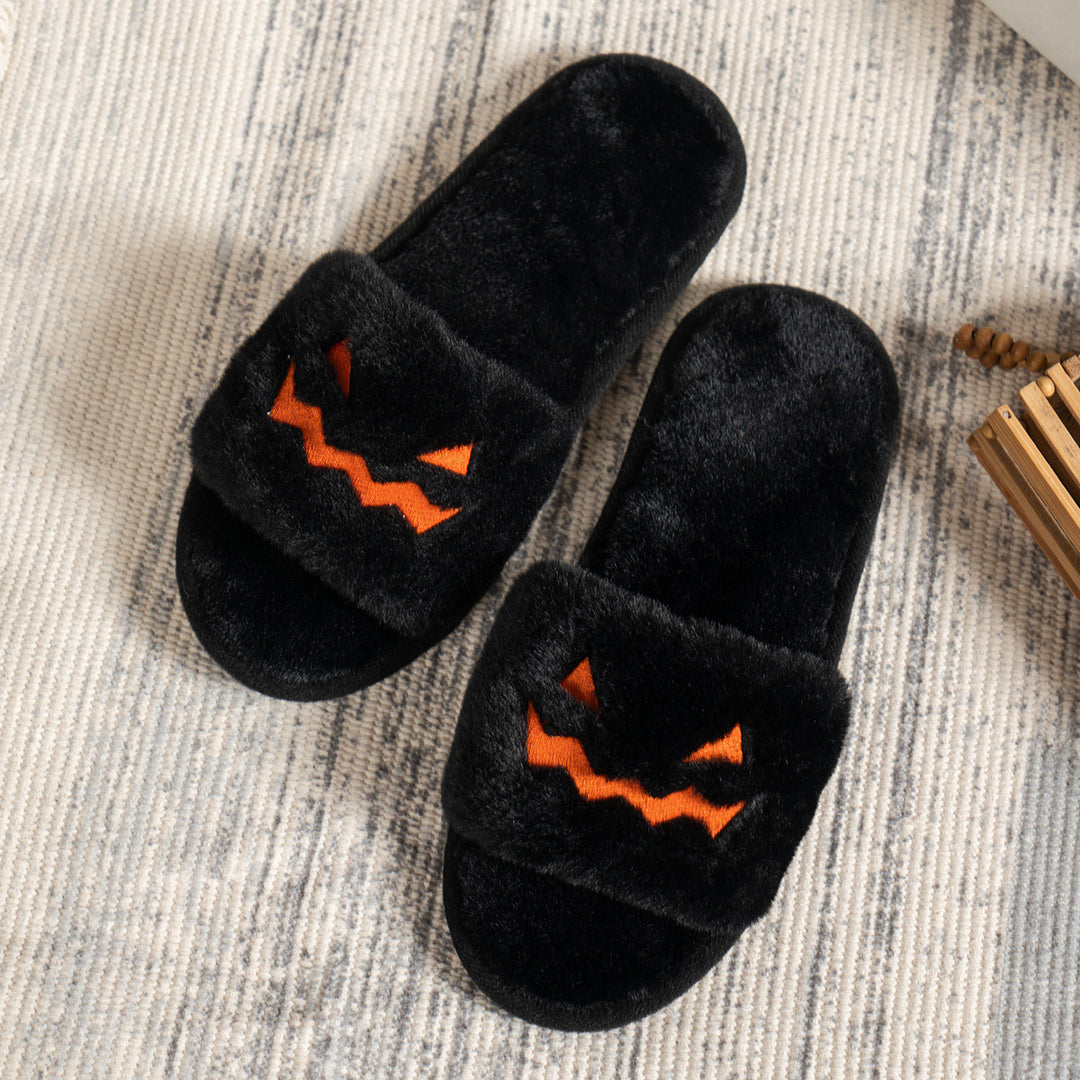 Ladies fluffy house slippers with embroidered pumpkin face and non-slip sole Mune Fashion