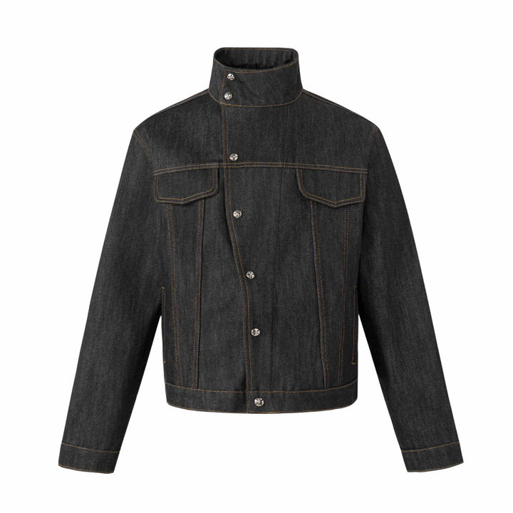 Unisex Short Cut Denim Jacket with High Stand-Up Collar and Decorative Seams Mune Fashion