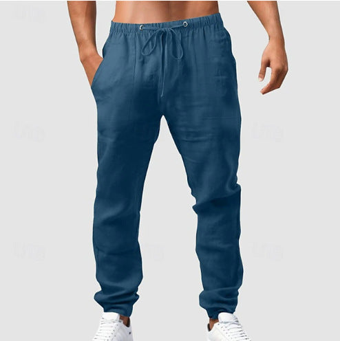 Men's relaxed sporty linen leisure pants with drawstring waistband, elastic ankle cuffs, and side seam pockets Mune Fashion