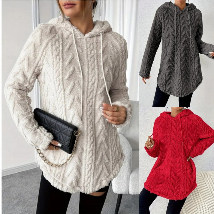 Women Cozy Teddy Hoodie with Cable Knit Pattern Drawstring and Rounded Hem Mune Fashion