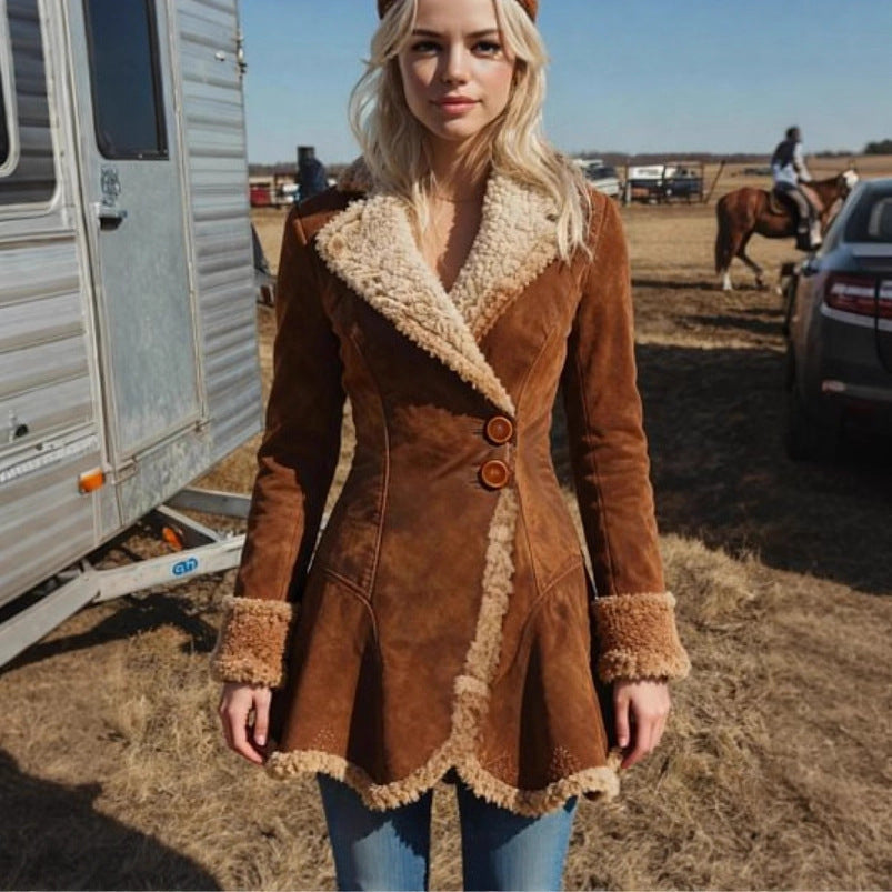 Women's Tailored Suede Coat with Lambskin-Look Lining and Flared Peplum Mune Fashion