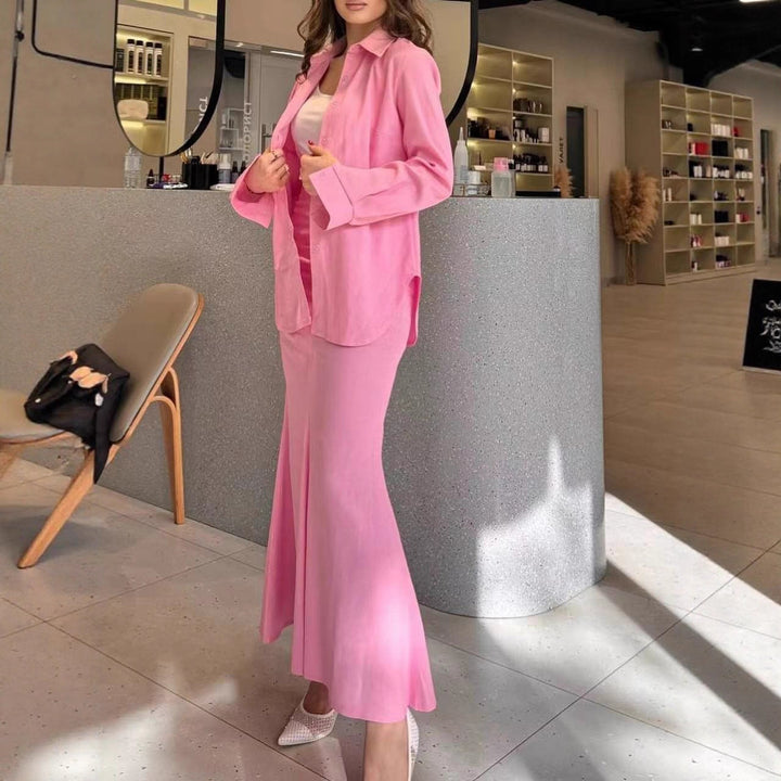 Women Two-Piece Set Tube Maxi Skirt with Flared Hem and Oversize Shirt Mune Fashion