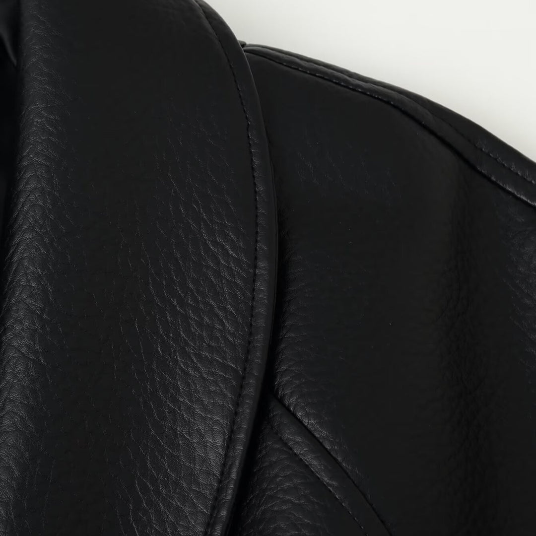 Women's Tailored Faux Leather Blazer with Shawl Collar and Tie Belt Mune Fashion