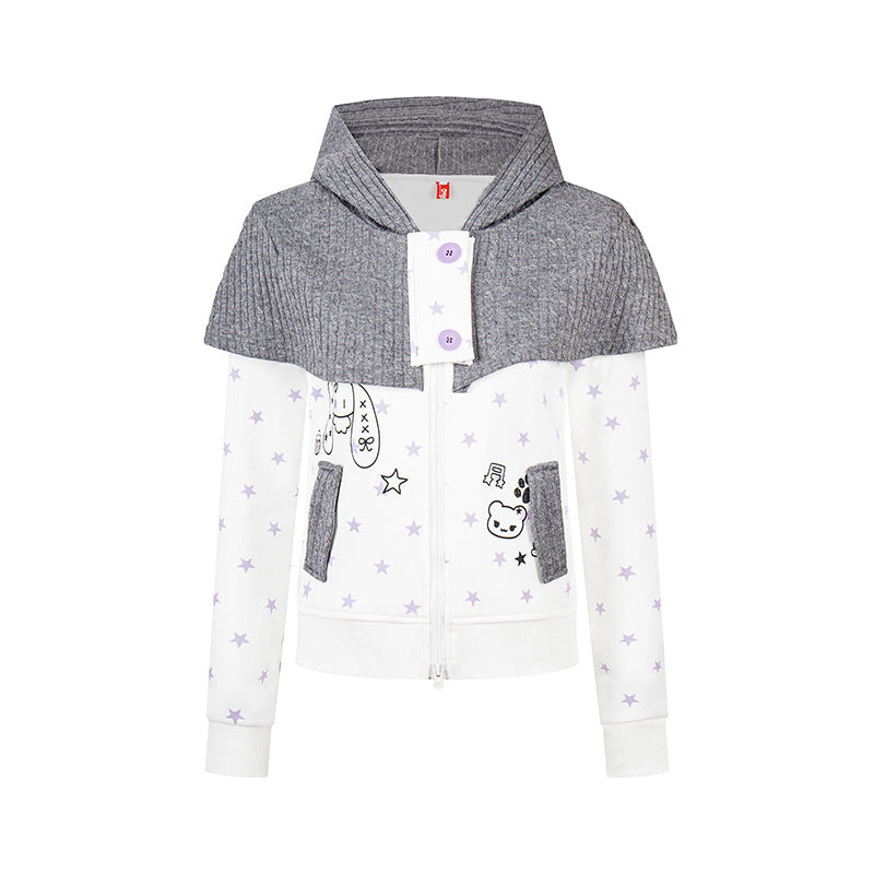 Women's hooded sweatshirt jacket with removable knitted cape, star print and front zipper Mune Fashion