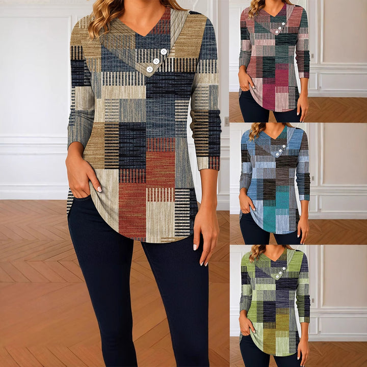 Women's long sleeve tunic with asymmetric V-neck, decorative button placket, and checkered patchwork pattern Mune Fashion